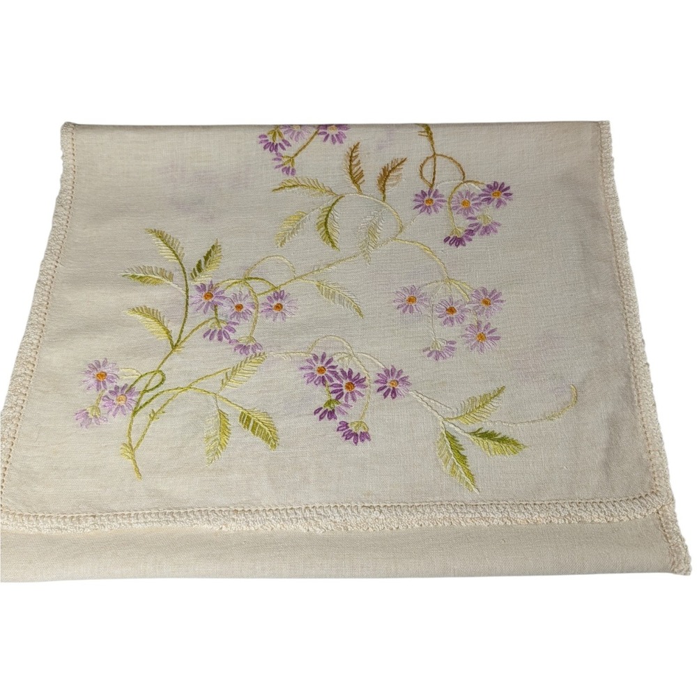Vintage Handmade Table Runner Dresser Scarf Purple Embroidered Asters Trim Edge